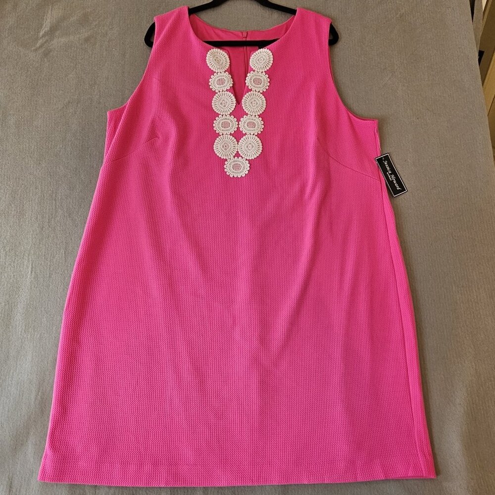 Jessica Howard Hot Pink Sleeveless Midi Dress with White Crochet Trim